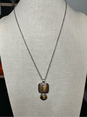 Roman Boho Jasper & Tiger’s Eye Pendant Necklace Silver Tone